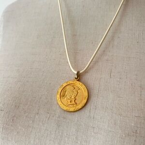 GEMINI ZODIAC Vintage Gold Medallion Coin Pendant Cream Cord Adjustable Necklace